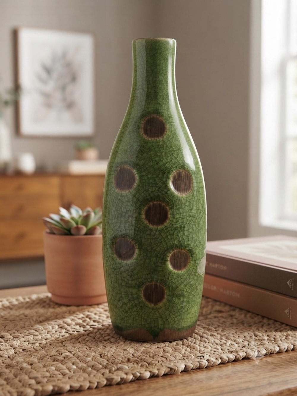 Handcrafted Green Crackle Ceramic Bottle Vase | 9"
